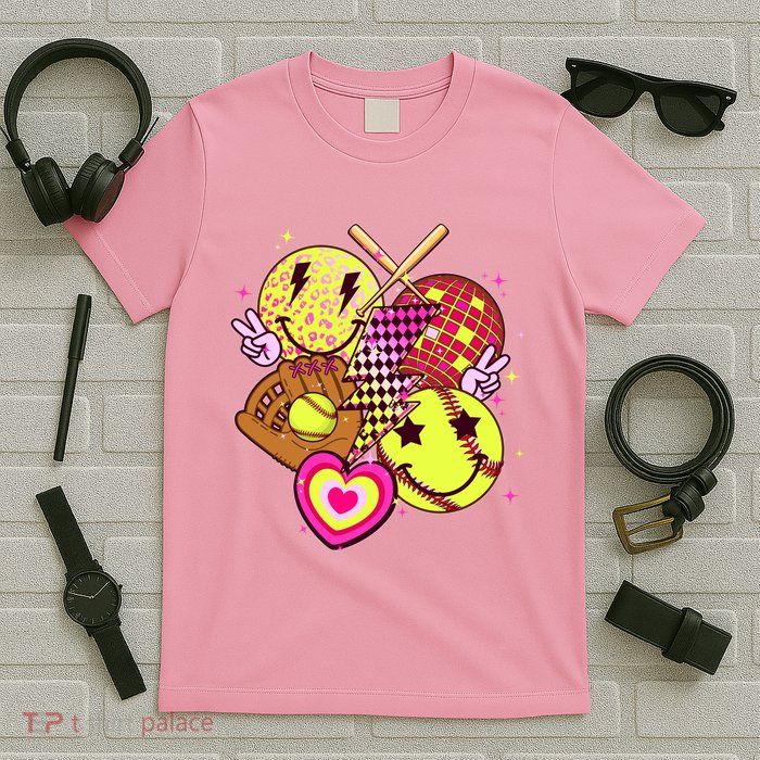 Cute Retro Softball Baseball Smiley Emoji T-Shirt
