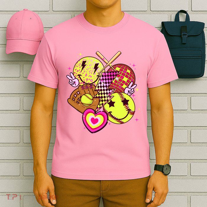 Cute Retro Softball Baseball Smiley Emoji T-Shirt