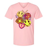 Cute Retro Softball Baseball Smiley Emoji V-Neck T-Shirt