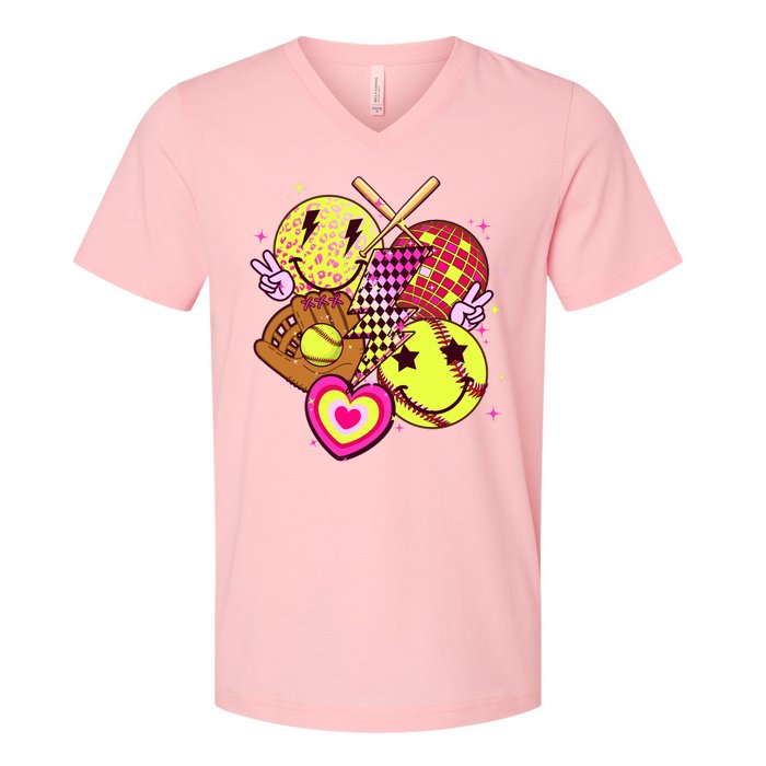 Cute Retro Softball Baseball Smiley Emoji V-Neck T-Shirt