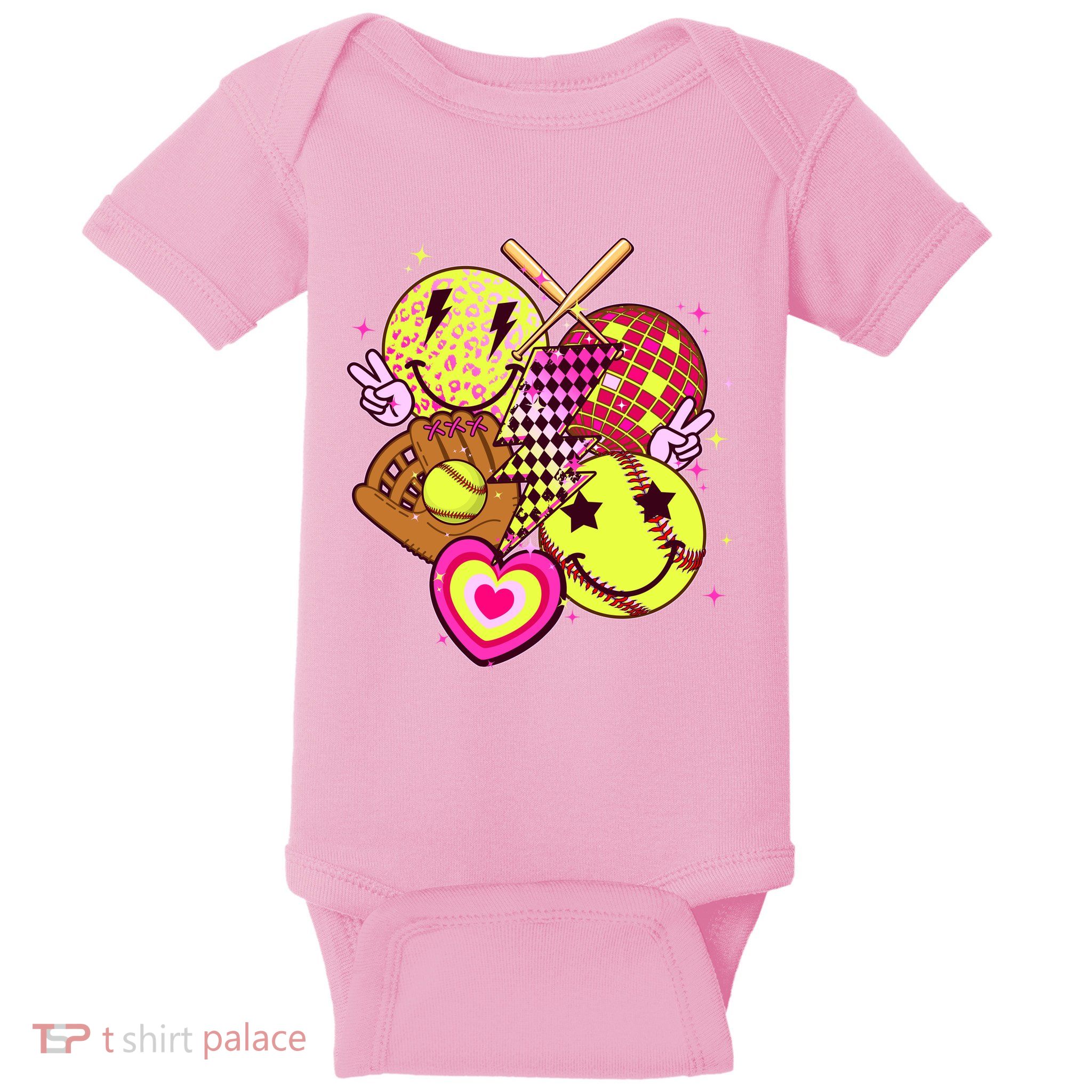 Cute Retro Softball Baseball Smiley Emoji Baby Bodysuit