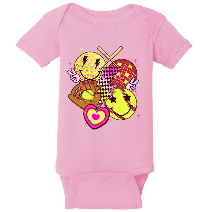 Cute Retro Softball Baseball Smiley Emoji Baby Bodysuit