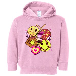 Cute Retro Softball Baseball Smiley Emoji Toddler Hoodie