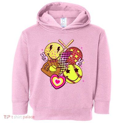 Cute Retro Softball Baseball Smiley Emoji Toddler Hoodie