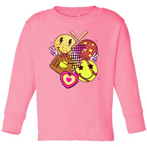 Cute Retro Softball Baseball Smiley Emoji Toddler Long Sleeve Shirt