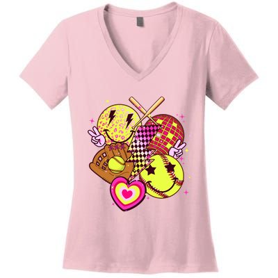 Cute Retro Softball Baseball Smiley Emoji Women's V-Neck T-Shirt