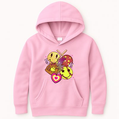 Cute Retro Softball Baseball Smiley Emoji Kids Hoodie
