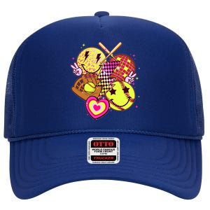 Cute Retro Softball Baseball Smiley Emoji High Crown Mesh Back Trucker Hat