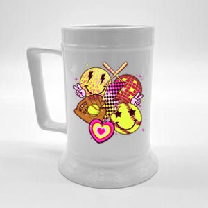 Cute Retro Softball Baseball Smiley Emoji Beer Stein