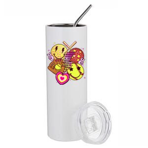 Cute Retro Softball Baseball Smiley Emoji Stainless Steel Tumbler