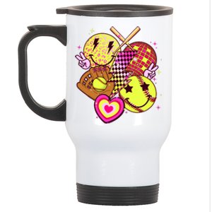 Cute Retro Softball Baseball Smiley Emoji Stainless Steel Travel Mug