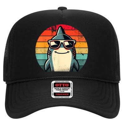 Cool Retro Shark In Sunglasses 70s 80s 90s Funny Shark High Crown Mesh Back Trucker Hat