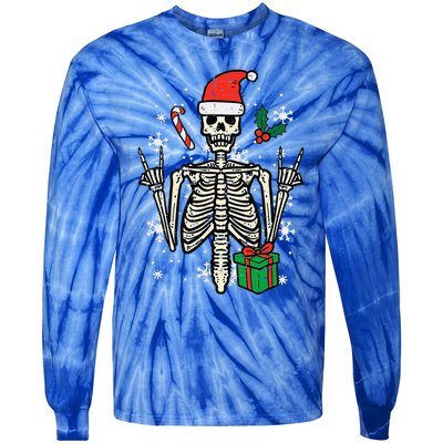 Christmas Rocker Skeleton Santa Rock Hand Xmas Funny Tie-Dye Long Sleeve Shirt