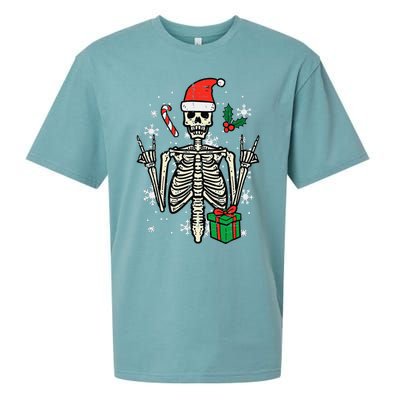 Christmas Rocker Skeleton Santa Rock Hand Xmas Funny Sueded Cloud Jersey T-Shirt