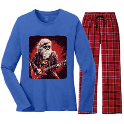 Cool Rocker Santa Claus For Christmas Rock Music Lovers Gift Women's Long Sleeve Flannel Pajama Set 