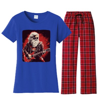 Cool Rocker Santa Claus For Christmas Rock Music Lovers Gift Women's Flannel Pajama Set