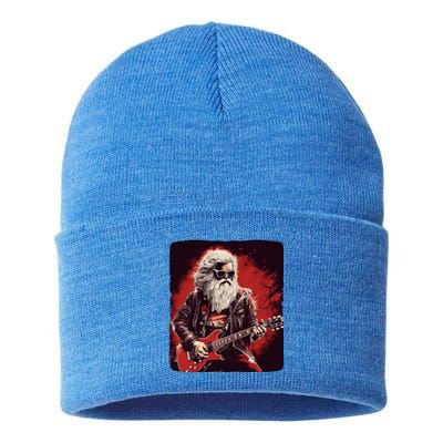 Cool Rocker Santa Claus For Christmas Rock Music Lovers Gift Sustainable Knit Beanie