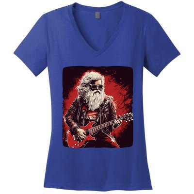 Cool Rocker Santa Claus For Christmas Rock Music Lovers Gift Women's V-Neck T-Shirt