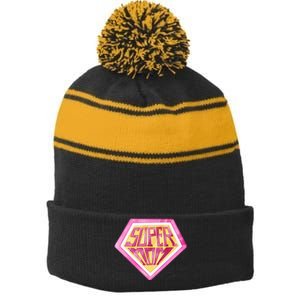 Cute Retro Super Mom Gift For Mother Stripe Pom Pom Beanie