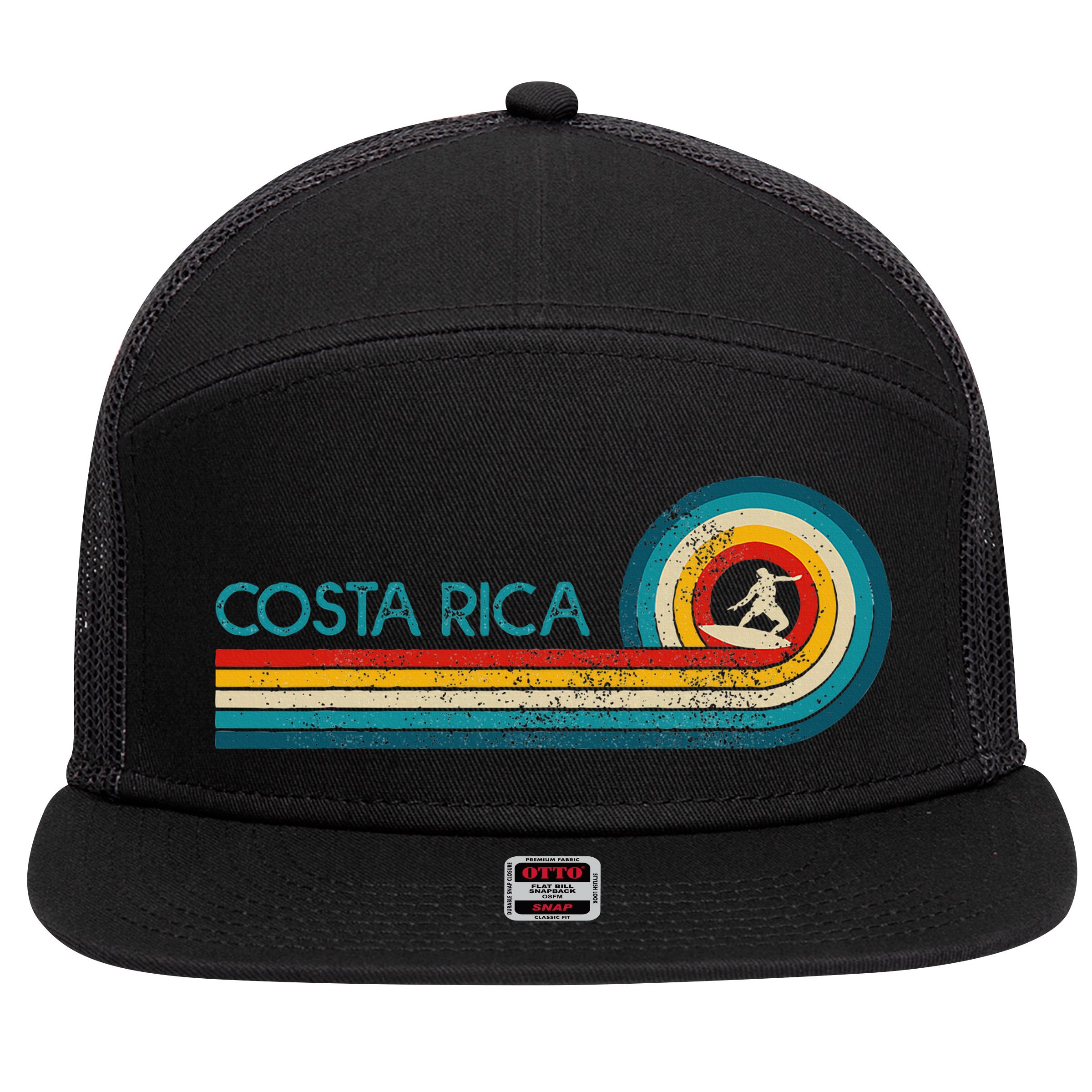 Costa Rica Surf Vintage Beach Surfer Surfing 7 Panel Mesh Trucker Snapback Hat