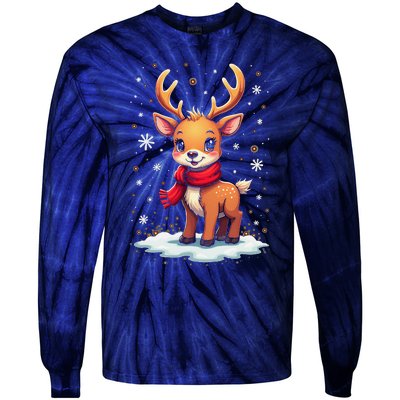 Cute Reindeer Santa Women Christmas 2024 Xmas Tie-Dye Long Sleeve Shirt