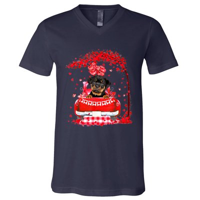 Cute Red Truck Rottweiler Valentines Day Costume Boy Girl V-Neck T-Shirt