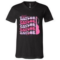 Cute Retro Taylor First Name Personalized Groovy Birthday V-Neck T-Shirt