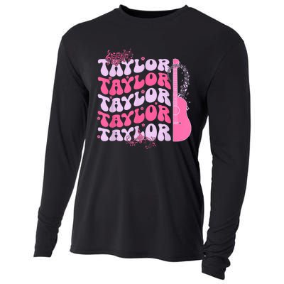 Cute Retro Taylor First Name Personalized Groovy Birthday Cooling Performance Long Sleeve Crew