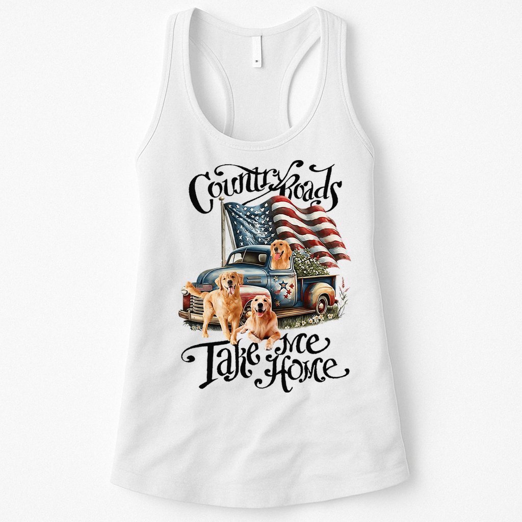 Country Roads Take Golden Retriever Home Womens Tank Top