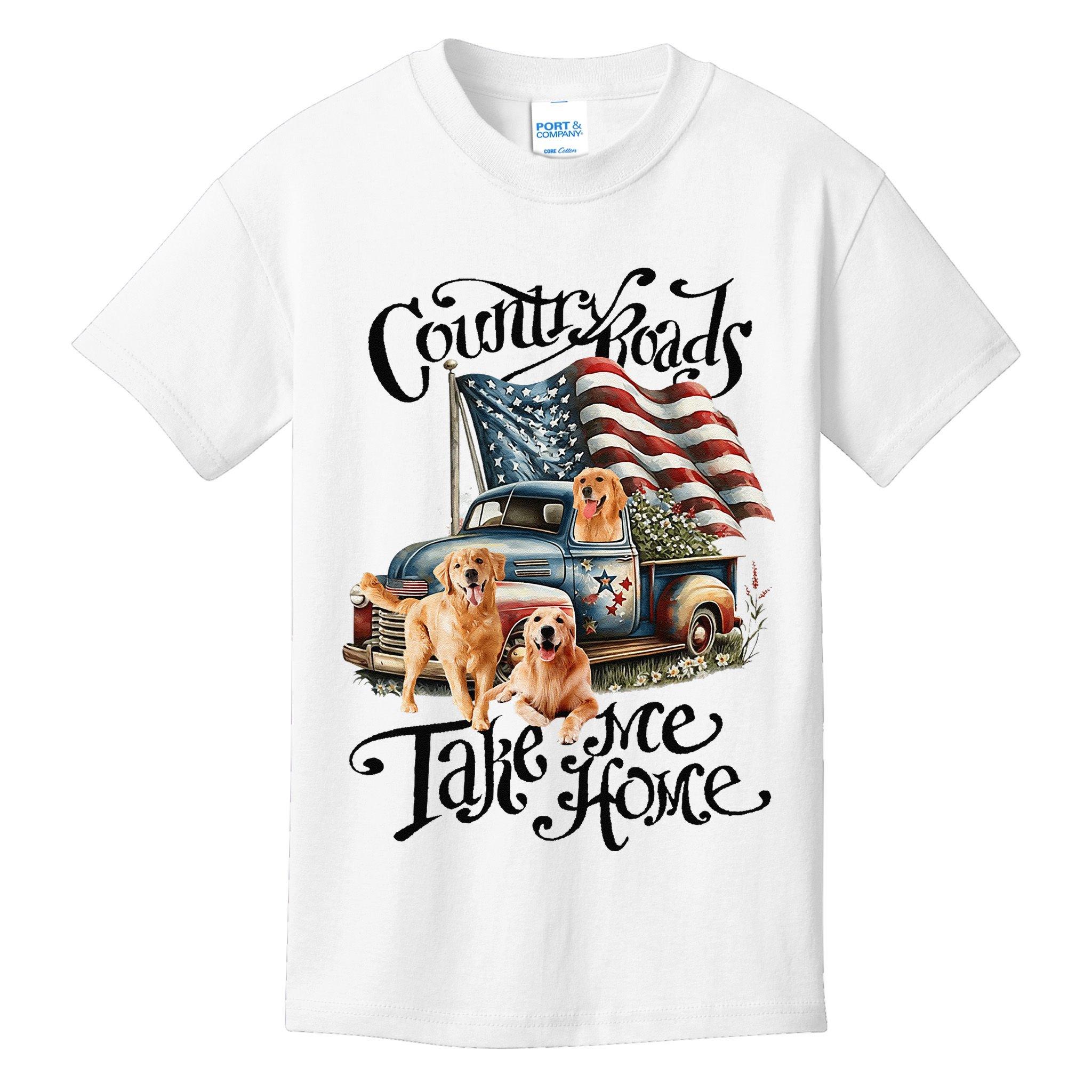 Country Roads Take Golden Retriever Home Kids T-Shirt