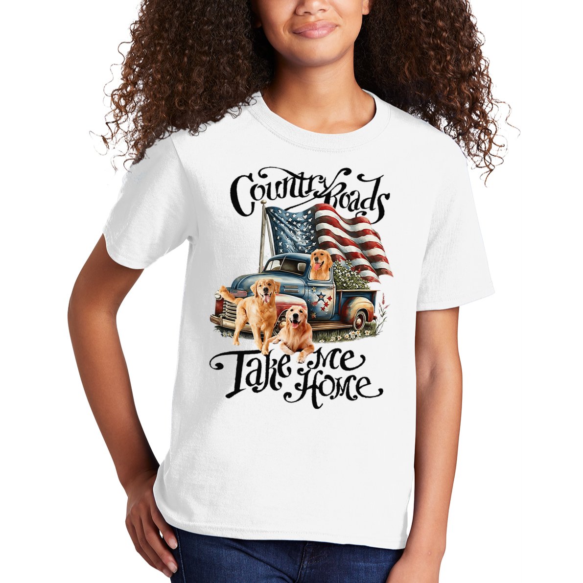 Country Roads Take Golden Retriever Home Kids T-Shirt