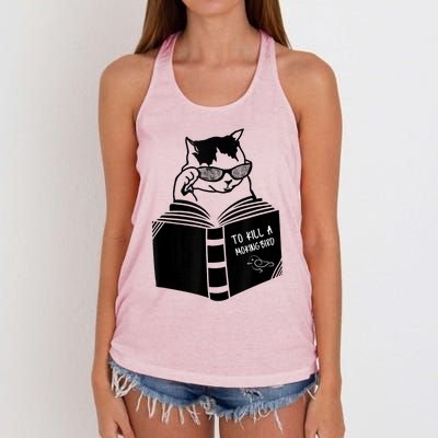 Cat Reading To Kill A Mockingbird Funny Women's Knotted Racerback Tank