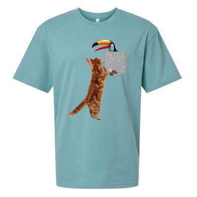 Cat Reaching Toucan In Fake Funny Printon Pocket Sueded Cloud Jersey T-Shirt