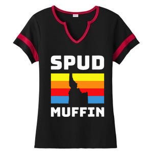 Cool Retro Travel Idaho Vacation Potatoes Spud Muffin Design Ladies Halftime Notch Neck Tee