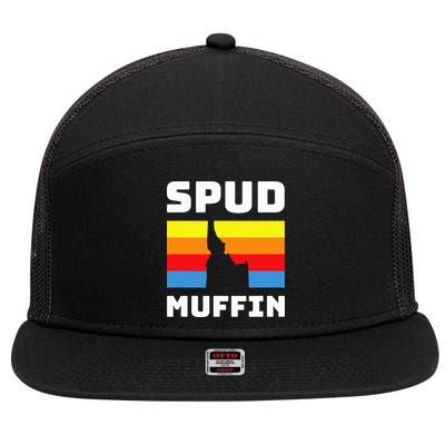 Cool Retro Travel Idaho Vacation Potatoes Spud Muffin Design 7 Panel Mesh Trucker Snapback Hat