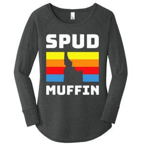 Cool Retro Travel Idaho Vacation Potatoes Spud Muffin Design Women's Perfect Tri Tunic Long Sleeve Shirt