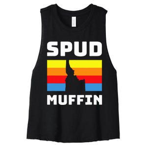 Cool Retro Travel Idaho Vacation Potatoes Spud Muffin Design Women's Racerback Cropped Tank