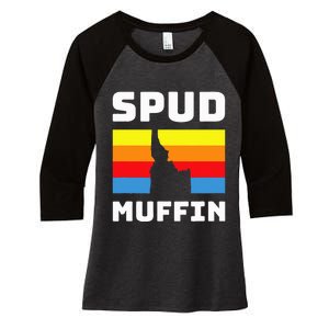 Cool Retro Travel Idaho Vacation Potatoes Spud Muffin Design Women's Tri-Blend 3/4-Sleeve Raglan Shirt