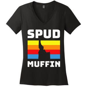 Cool Retro Travel Idaho Vacation Potatoes Spud Muffin Design Women's V-Neck T-Shirt