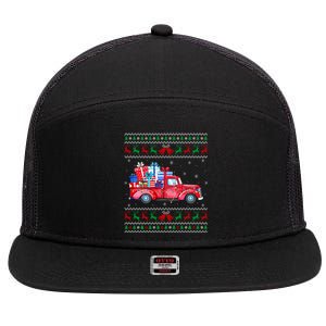 Christmas Red Truck With Gifts Ugly Sweater Holiday 7 Panel Mesh Trucker Snapback Hat