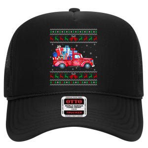 Christmas Red Truck With Gifts Ugly Sweater Holiday High Crown Mesh Back Trucker Hat