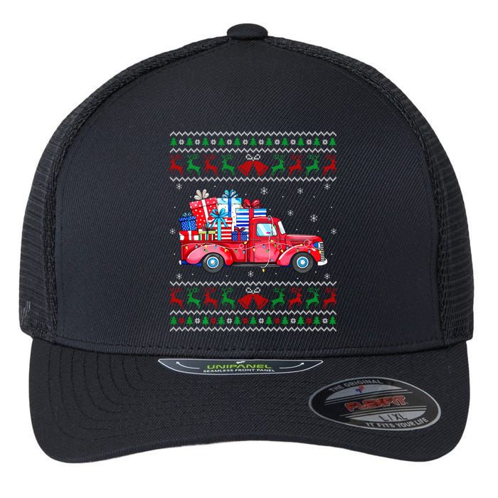 Christmas Red Truck With Gifts Ugly Sweater Holiday Flexfit Unipanel Trucker Cap