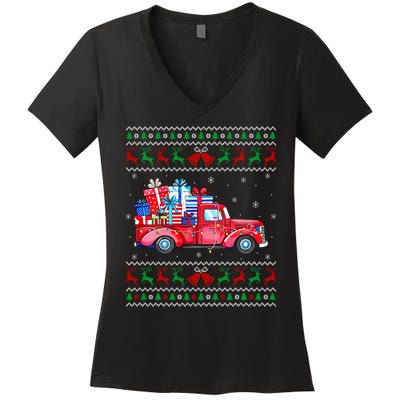 Christmas Red Truck With Gifts Ugly Sweater Holiday Women's V-Neck T-Shirt