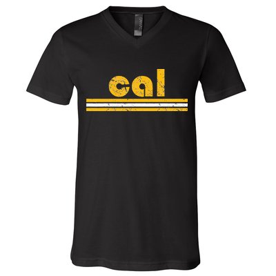 Cal Retro Three Stripe Vintage California Throwback V-Neck T-Shirt