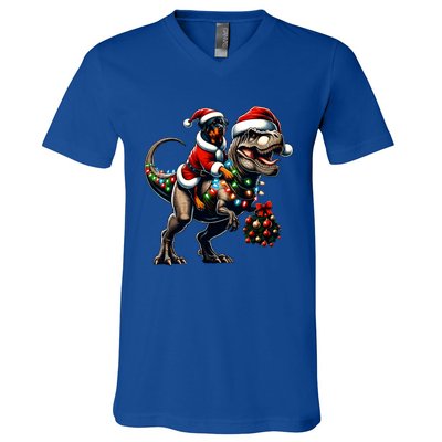 Christmas Rottweiler Trex Santa Hat Festive Dinosaur Dog Great Gift V-Neck T-Shirt