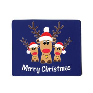 Cute Reindeer Trio Merry Christmas Santa Hat Funny Elk Mousepad