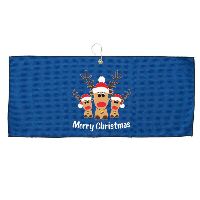 Cute Reindeer Trio Merry Christmas Santa Hat Funny Elk Large Microfiber Waffle Golf Towel