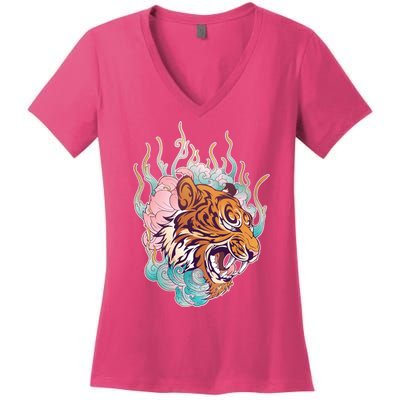 Cool Roaring Tiger Japanese Tattoo Women's V-Neck T-Shirt