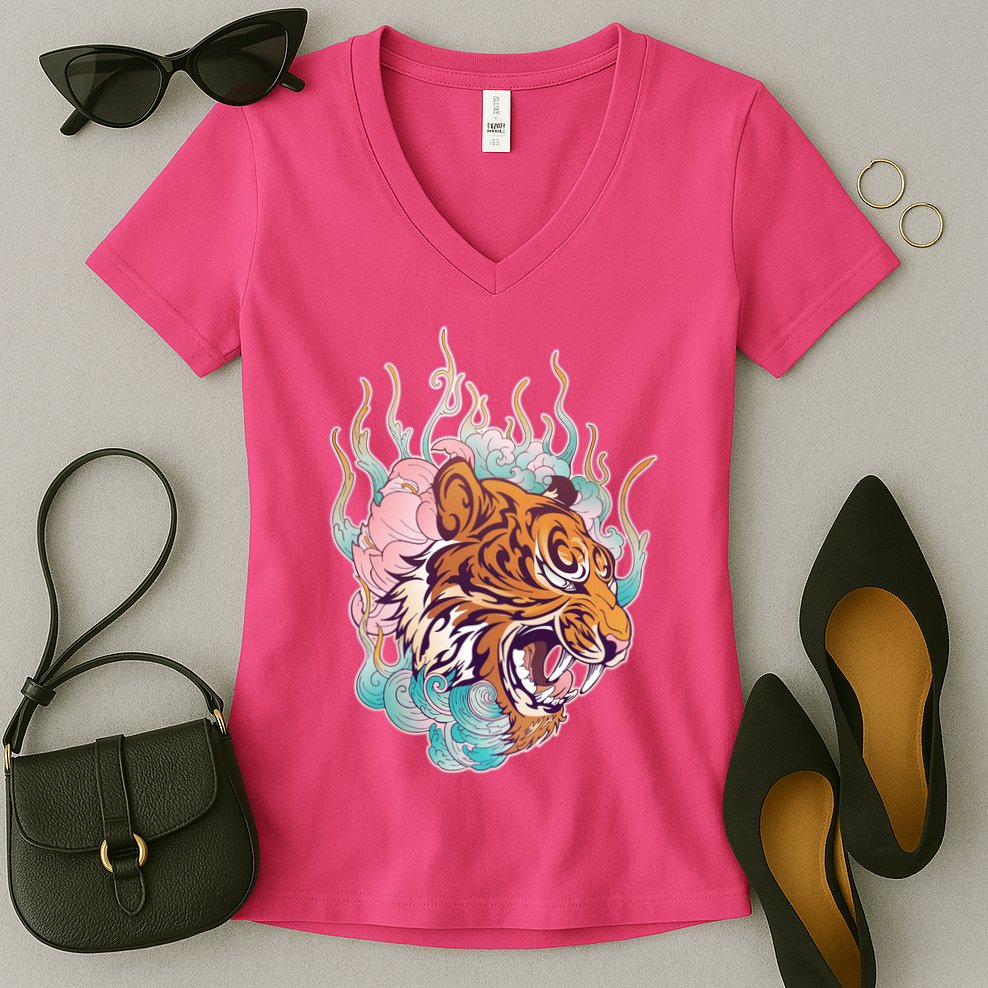 Cool Roaring Tiger Japanese Tattoo Women's V-Neck T-Shirt