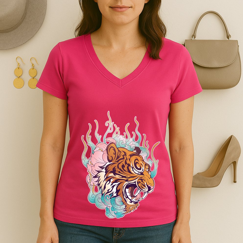Cool Roaring Tiger Japanese Tattoo Women's V-Neck T-Shirt